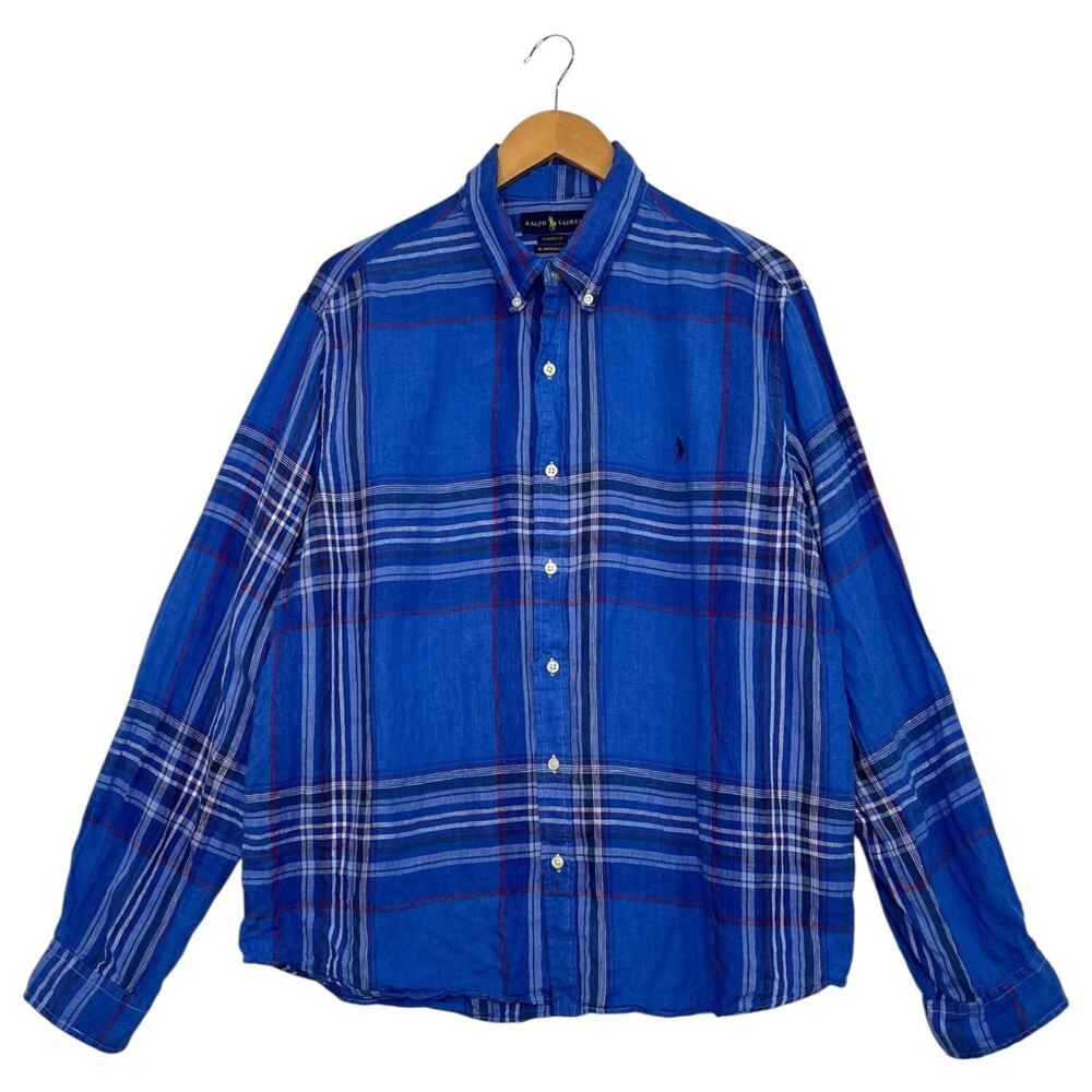 Ralph Lauren Shirt Mens XL Blue Plaid Linen Classic Fit RL Untucked Long Sleeve